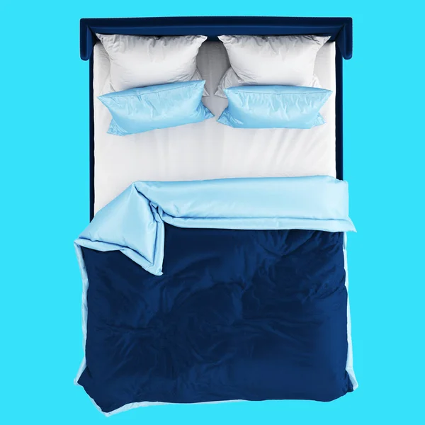 Una cama doble azul suave con ropa de cama azul y blanca sobre un fondo azul. Vista superior. renderizado 3d —  Fotos de Stock