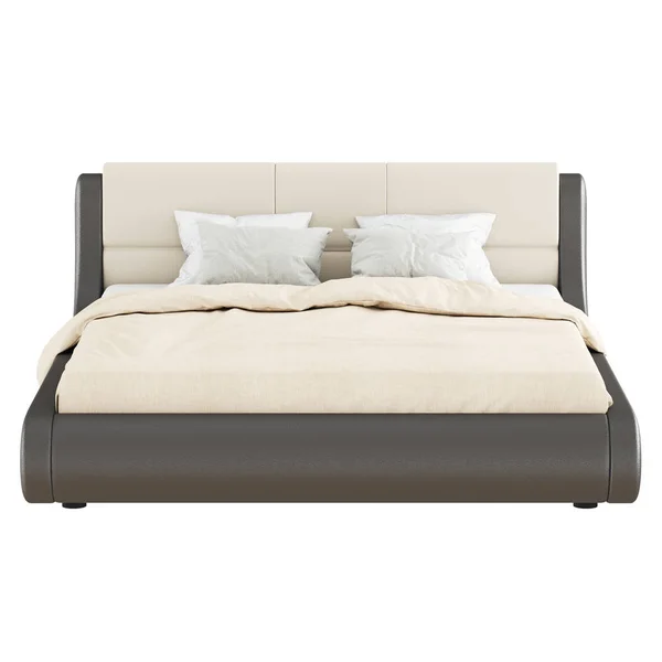 Una gran cama doble marrón-beige suave con almohadas y una manta sobre un fondo blanco. Copyspace vista frontal. renderizado 3d — Foto de Stock