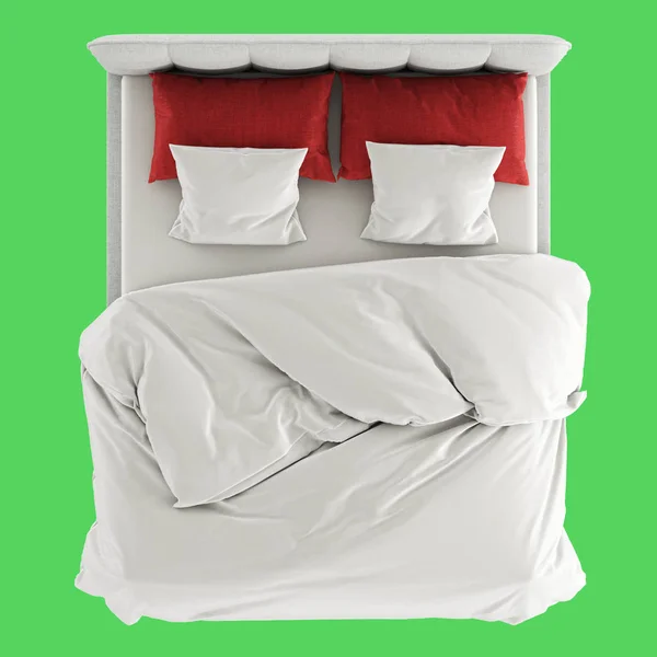 Ένα μαλακό γκρι κρεβάτι με λευκή κουβέρτα και ένα σεντόνι και κόκκινα-λευκά μαξιλάρια σε ανοιχτό πράσινο φόντο. Στο πάνω μέρος. 3d απόδοση — Φωτογραφία Αρχείου