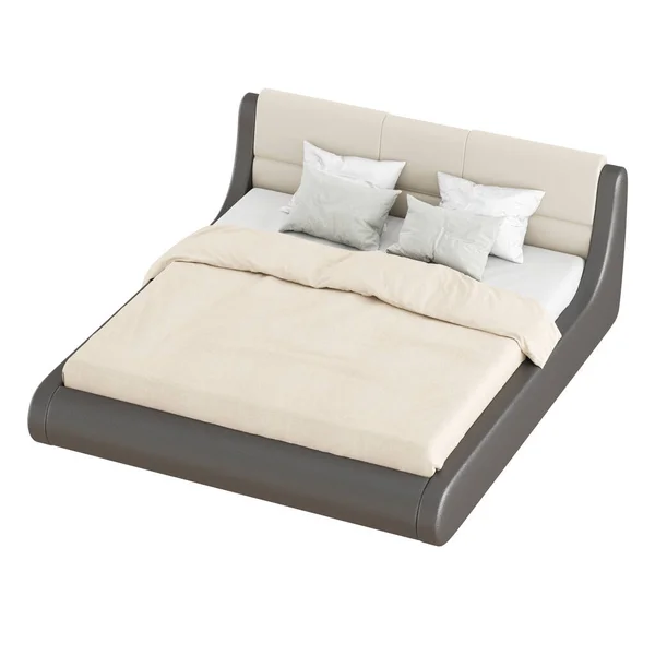 Велике м'яке коричнево-бежеве двоспальне ліжко з подушками і ковдрою на білому тлі. 3D візуалізація — стокове фото