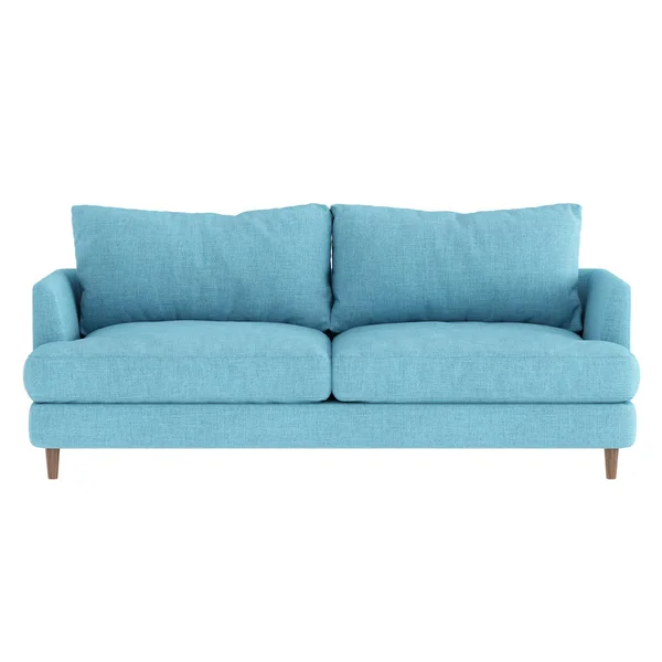 Soft blue fabric sofa on wooden legs on a white background. Front view. 3d rendering — Stock Photo, Image
