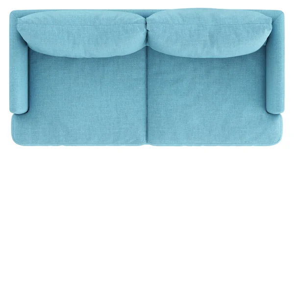 白色背景的木制腿上柔软的蓝色面料沙发。 复制空间。 顶部视图。 3d渲染 — 图库照片