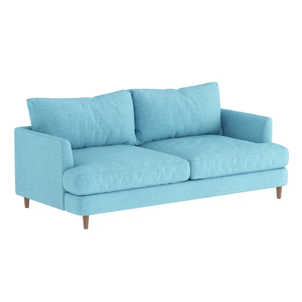 Soft blue fabric sofa on wooden legs on a white background. Angled view. 3d rendering — 스톡 사진