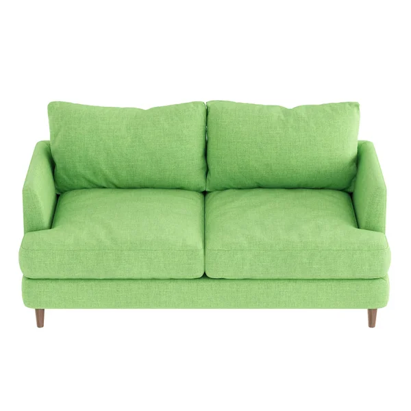 白色背景的木制腿上有柔软的绿色面料沙发。 3d渲染 — 图库照片
