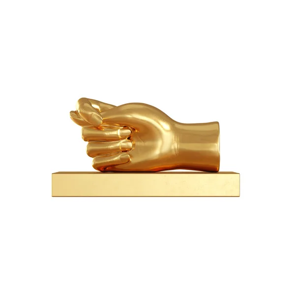 Złota postać w postaci dłoni z kciukiem między indeksem a środkiem na białym tle. 3d renderowanie — Zdjęcie stockowe