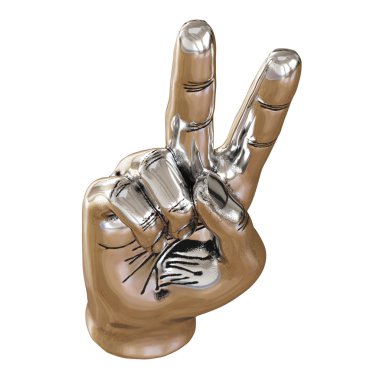 Beyaz arka planda iki parmağı havada metal bir el figürü. 3d oluşturma