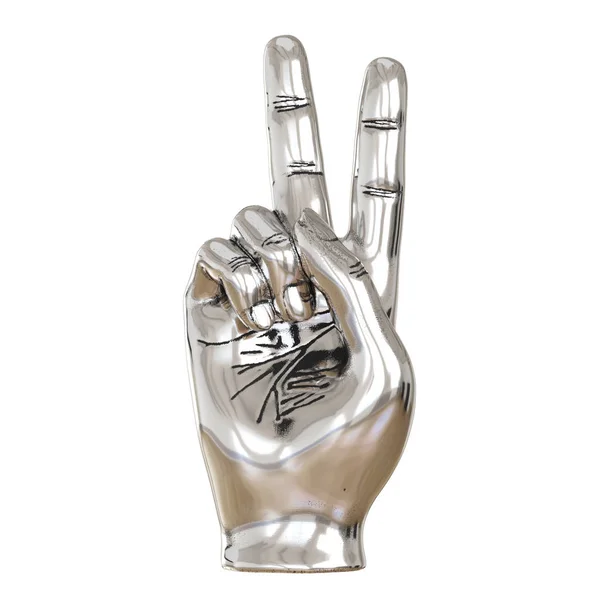Metalowa figurka dłoni z dwoma palcami podniesionymi na białym tle. Frunt widok. 3d renderowanie — Zdjęcie stockowe