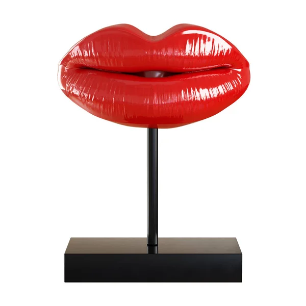 Decorative figurine on a stand in the form of red lips with a slightly open mouth on a white background. 3d rendering — 스톡 사진