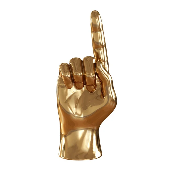 Golden figurine of a hand with a raised up index finger on a white background. Front view. 3d rendering — 스톡 사진