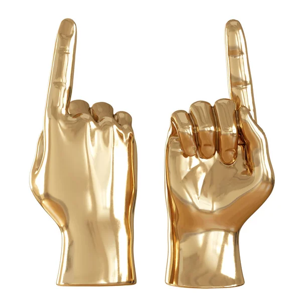 Dwie złote figury dłoni z podniesionym palcem wskazującym na białym tle. 3d renderowanie — Zdjęcie stockowe