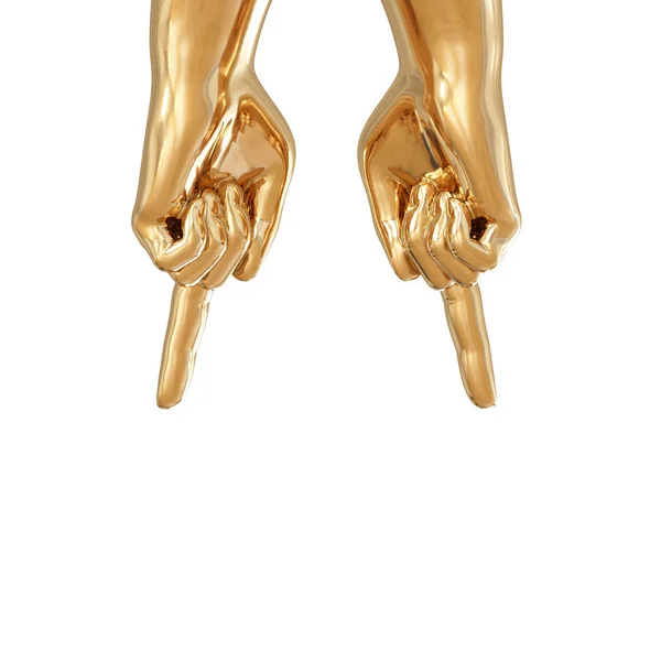 Dwie złote dłonie z palcem wskazującym na białym tle. 3d renderowanie — Zdjęcie stockowe