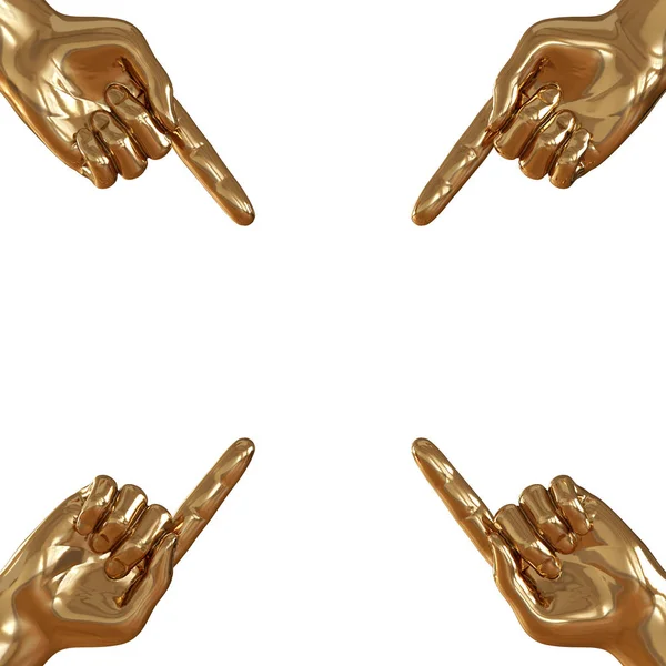 Чотири золоті руки з піднятим прапором у чотирьох кутах на білому тлі. 3D візуалізація — стокове фото