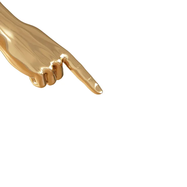 Золота рука вказує пальцем на протилежний кут вниз на білому тлі. 3D візуалізація — стокове фото