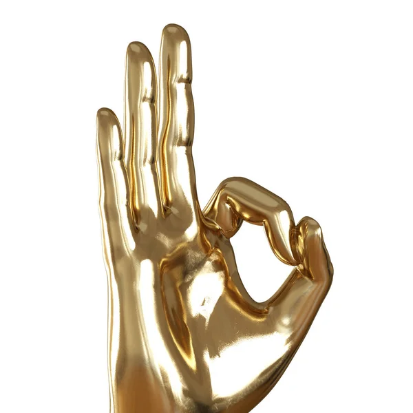 Golden hand with folded fingers in an ok gesture on a white background. Front view. 3d rendering — Stock Photo, Image