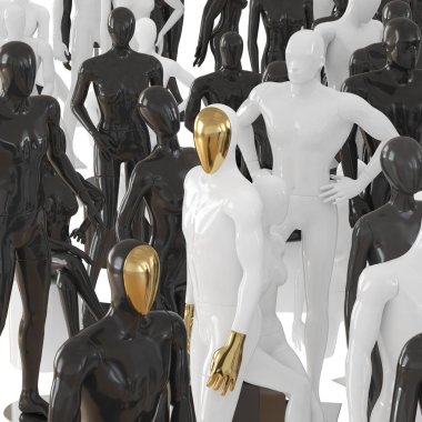 Altın elli beyaz bir manken ve bir grup farklı mankenle çevrili altın bir yüz. 3d oluşturma