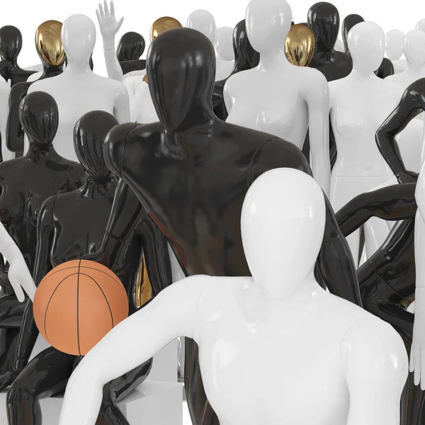 Bílá figurína sedí na pozadí skupiny různých černobílých figurín. 3D vykreslování — Stock fotografie