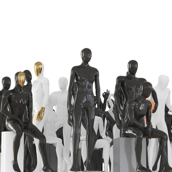 異なるポーズのマネキンのグループの背景に女性マネキンおよび2人の男性マネキン。正面図。3Dレンダリング — ストック写真