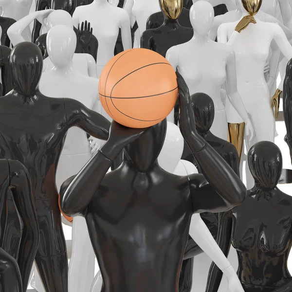 A male mannequin throws a basketball against the background of a group of black and white mannequins. 3D rendering