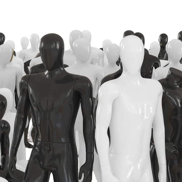 他のマネキンのグループの頭部の黒及び白の男性のマネキン。3Dレンダリング — ストック写真