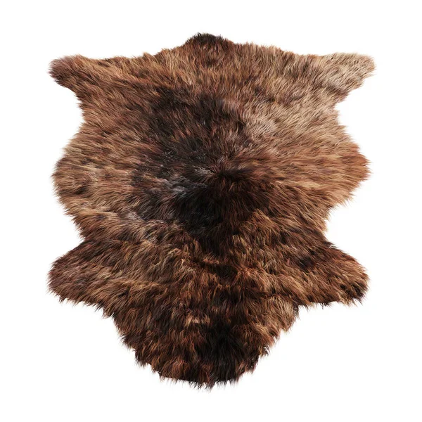 Dark brown decor skin of a sheepskin wool rug on a white background. 3D rendering