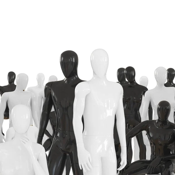 Uomo bianco e nero sullo sfondo di un gruppo di manichini senza volto. Rendering 3D — Foto Stock