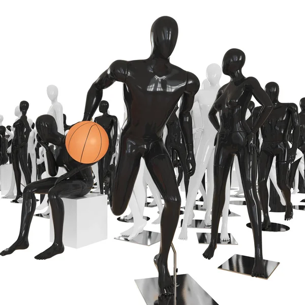 Бег безликого манекена с баскетбольным мячом на фоне другого манекена. 3D рендеринг — стоковое фото