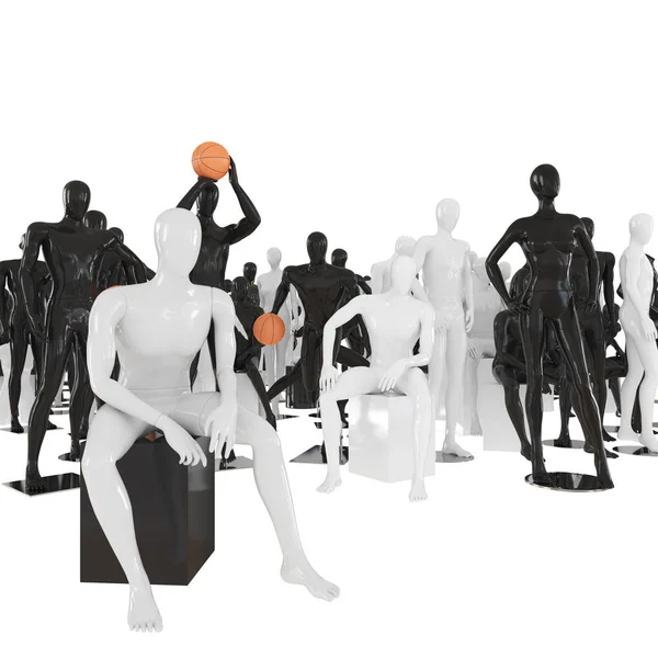 Un manichino sedentario sullo sfondo di un gruppo di altri manichini in pose diverse. Rendering 3D — Foto Stock