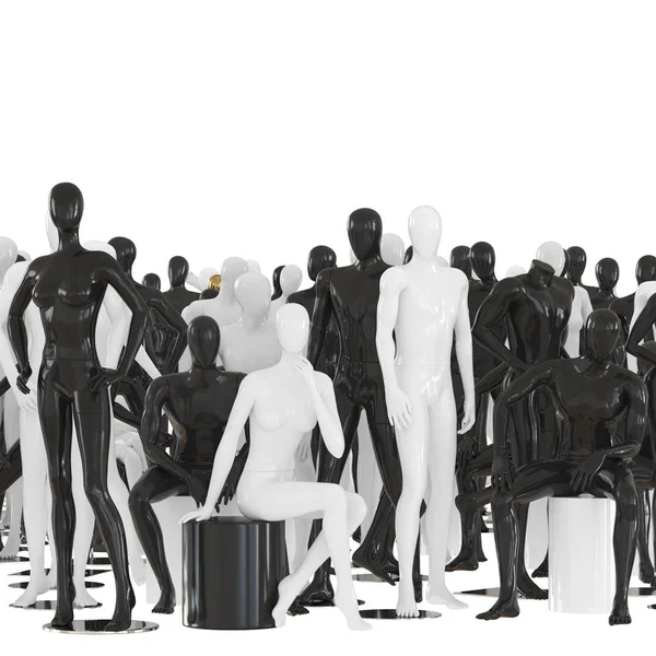 Grupo de maniquíes masculinos y femeninos en diferentes poses sobre un fondo blanco. Renderizado 3D — Foto de Stock