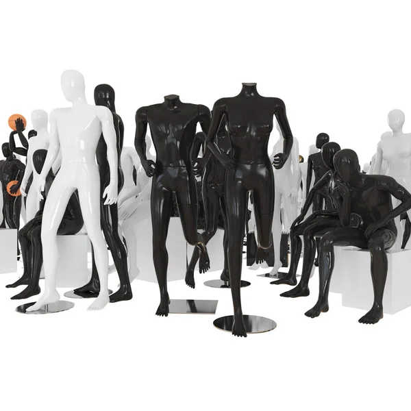 Мужской и женский манекены без головы в беговой позе на фоне других в разных позах. 3D рендеринг — стоковое фото