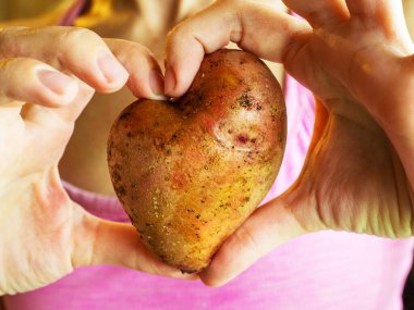 Kadın parmaklarının kalp şeklinde bir patatesi tuttuğu yakın plan bir fotoğraf.
