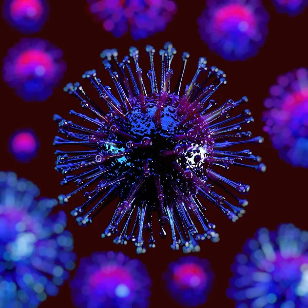 Violet and blue covid virus 19 in the center in sharpness, while others with the bokeh effect on a red background. 3D rendering