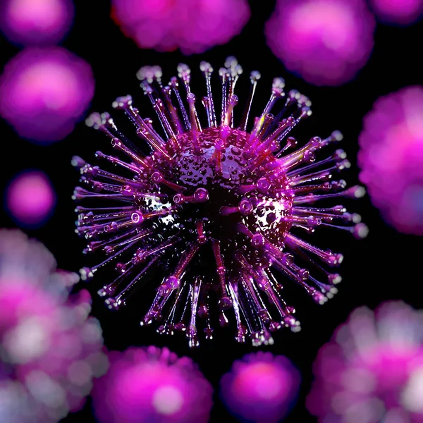 Virus covid viola 19 al centro in nitidezza, mentre altri con l'effetto bokeh su uno sfondo nero. Rendering 3D — Foto Stock