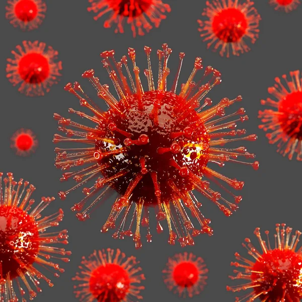 Virus rosso covid 19 al centro in nitidezza, mentre altri con l'effetto di profondità su uno sfondo grigio. Rendering 3D — Foto Stock