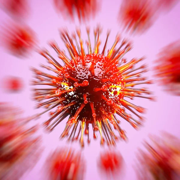 Virus rosso covid 19 con effetto movimento in movimento nello spazio sfocatura su un backgraund rosa. rendering 3d — Foto Stock