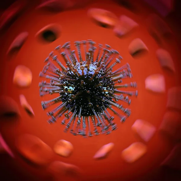 Coronavirus covid 19 e globuli rossi. Effetto artistico del movimento attorno al suo asse. Rendering 3D — Foto Stock