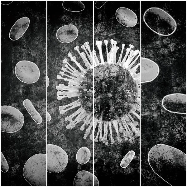Coronavirus covid 19 y células sanguíneas en cuatro cuadros como imagen. Efecto artístico en blanco y negro. Renderizado 3D — Foto de Stock