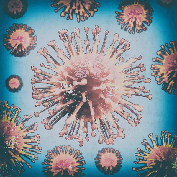 Virus covid rosa 19 al centro in nitidezza, mentre altri con l'effetto di profondità su uno sfondo blu con effetto vignettatura. Rendering 3D — Foto Stock