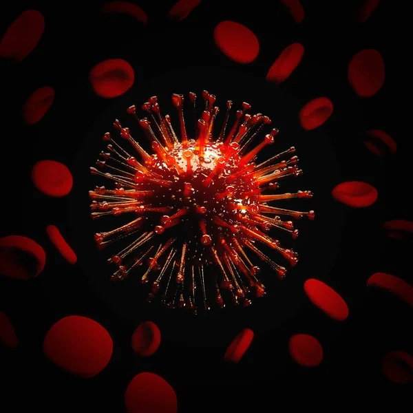 Coronavirus covid 19 rosso e globuli rossi intorno ad esso. L'effetto artistico della vignettatura. Rendering 3D — Foto Stock