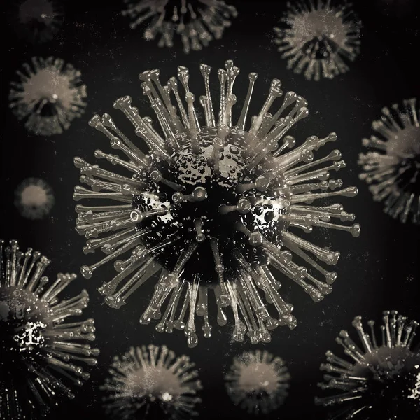 Virus Covid 19 artistico astratto effetto bianco e nero e con polvere e sporcizia. rendering 3d — Foto Stock