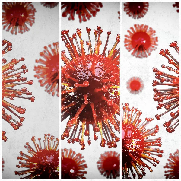白い枠の中の光の背景に赤いcovidウイルス19 。3Dレンダリング — ストック写真