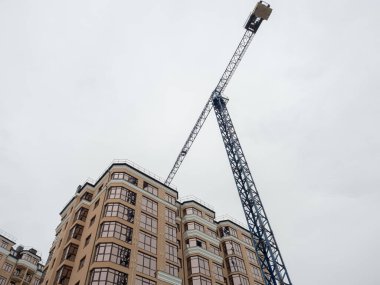 Mavi bir vinç bej rengi yeni bir evin yanında duruyor..