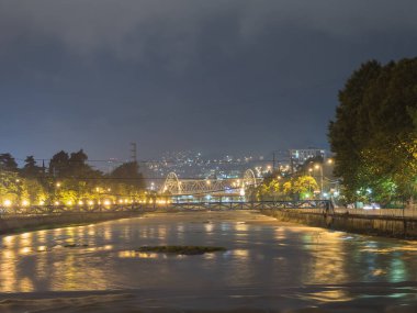 Geniş şehir nehrinin gece manzarası. Önünde ve üzerinde ağaçlar ve köprüler bulunan fenerlerle aydınlatılmış.