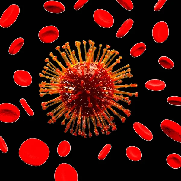 Coronavirus covid 19 rosso e globuli rossi su sfondo nero. Rendering 3D — Foto Stock