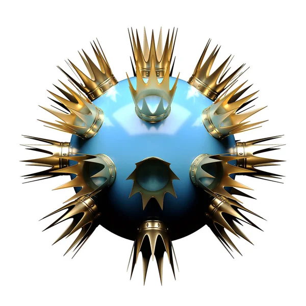 Złote korony są rozrzucone na niebieskiej okrągłej kuli na białym tle. Renderowanie 3D — Zdjęcie stockowe