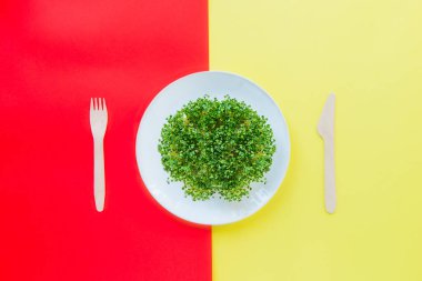 Üstten Görünüm tabak taze organik Filiz mikro yeşillikleri ile parlak sarı - kırmızı bir arka plan üzerinde ahşap çatal bıçak takımı ile devam eder. Sağlıklı ham diyet gıda kavramı. Metin için yer kopyalayın. Seçici odak.