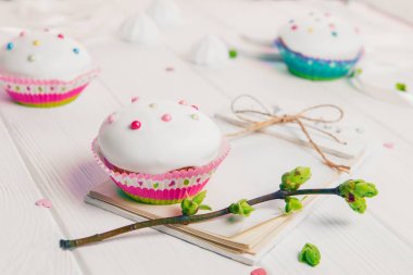 Paskalya tatili dekore edilmiş cupcake, yeşillik ve el sanatları defter empy ahşap arka plan üzerinde boş ile genç sürgünler ile şube bileşimi. Sanat kavramı. Seçici odak.