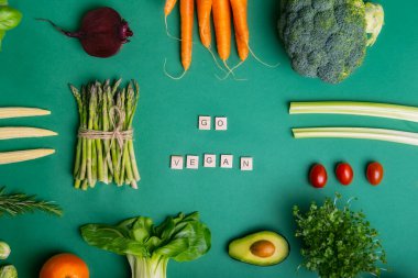 Yeşil zemin üzerinde sağlıklı çiğ sebzeler ve meyveler ve tahta bloklarda Go vegan mesajı. Vejetaryen ve vejetaryen diyeti. Vejetaryenlik. Sürdürülebilir yaşam tarzı, iyi, gerçek bitkisel gıdalar