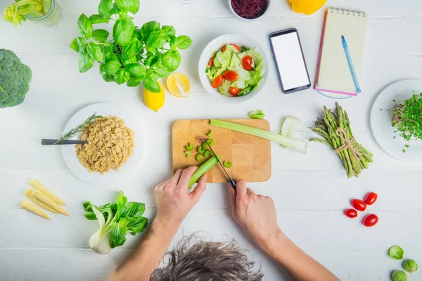 Man Cutting Celery Cooking Vegan Fresh Salad Vegetables Blank Screen — Stock Photo, Image