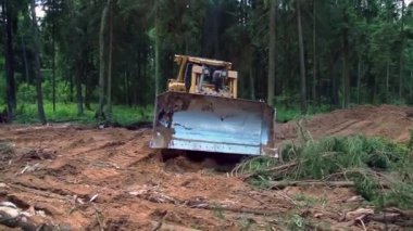 Büyük buldozer evens inşaat alanında. Canlı aksiyon.