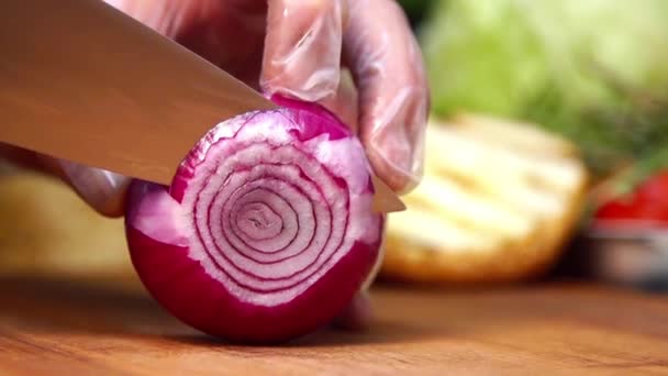 Corte de cebolla en cámara lenta — Vídeo de stock